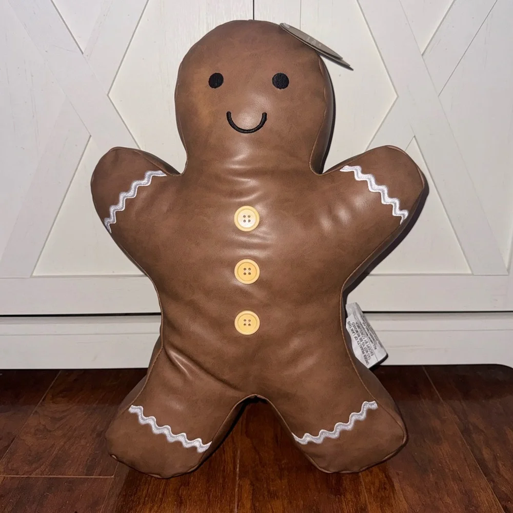 Gingerbread Man Leather Decorative Pillow with Button Accents